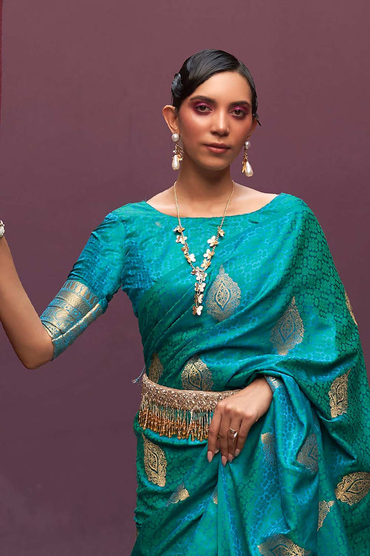 Buy Usha Teal Blue Pure Silk Banarasi One Minute Saree Online