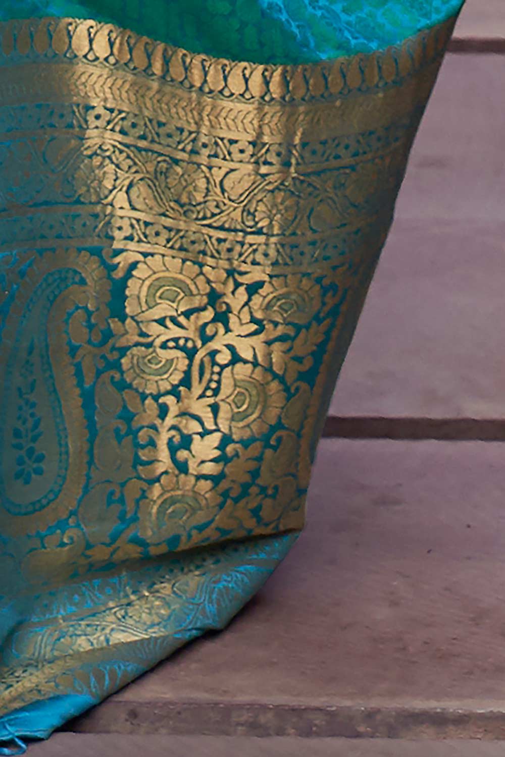 Buy Usha Teal Blue Pure Silk Banarasi One Minute Saree Online - Back