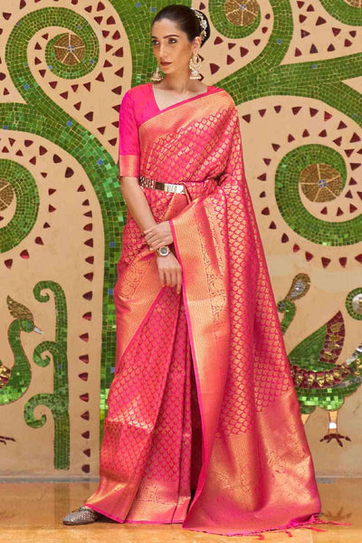 Buy Gauri Pink Silk Blend Floral Banarasi One Minute Saree Online - One Minute Saree