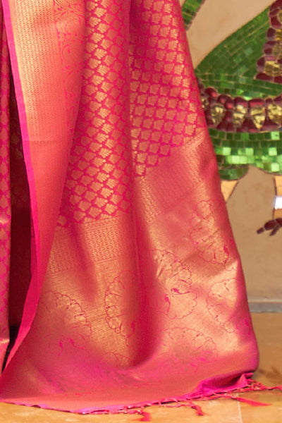 Buy Gauri Pink Silk Blend Floral Banarasi One Minute Saree Online