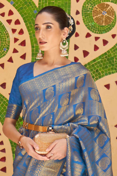 Shop Chari Blue Silk Blend Banarasi One Minute Saree at best offer at our  Store - One Minute Saree