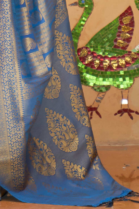 Buy Chari Blue Silk Blend Banarasi One Minute Saree Online