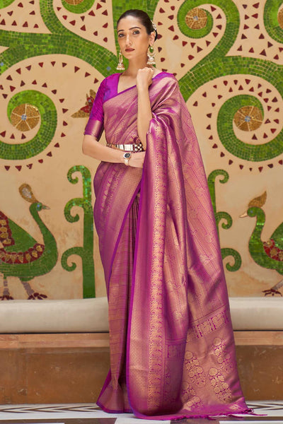 Buy Maya Magenta Silk Blend Floral Woven Design Banarasi One Minute Saree Online - One Minute Saree