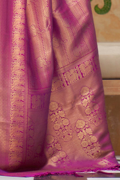 Buy Maya Magenta Silk Blend Floral Woven Design Banarasi One Minute Saree Online