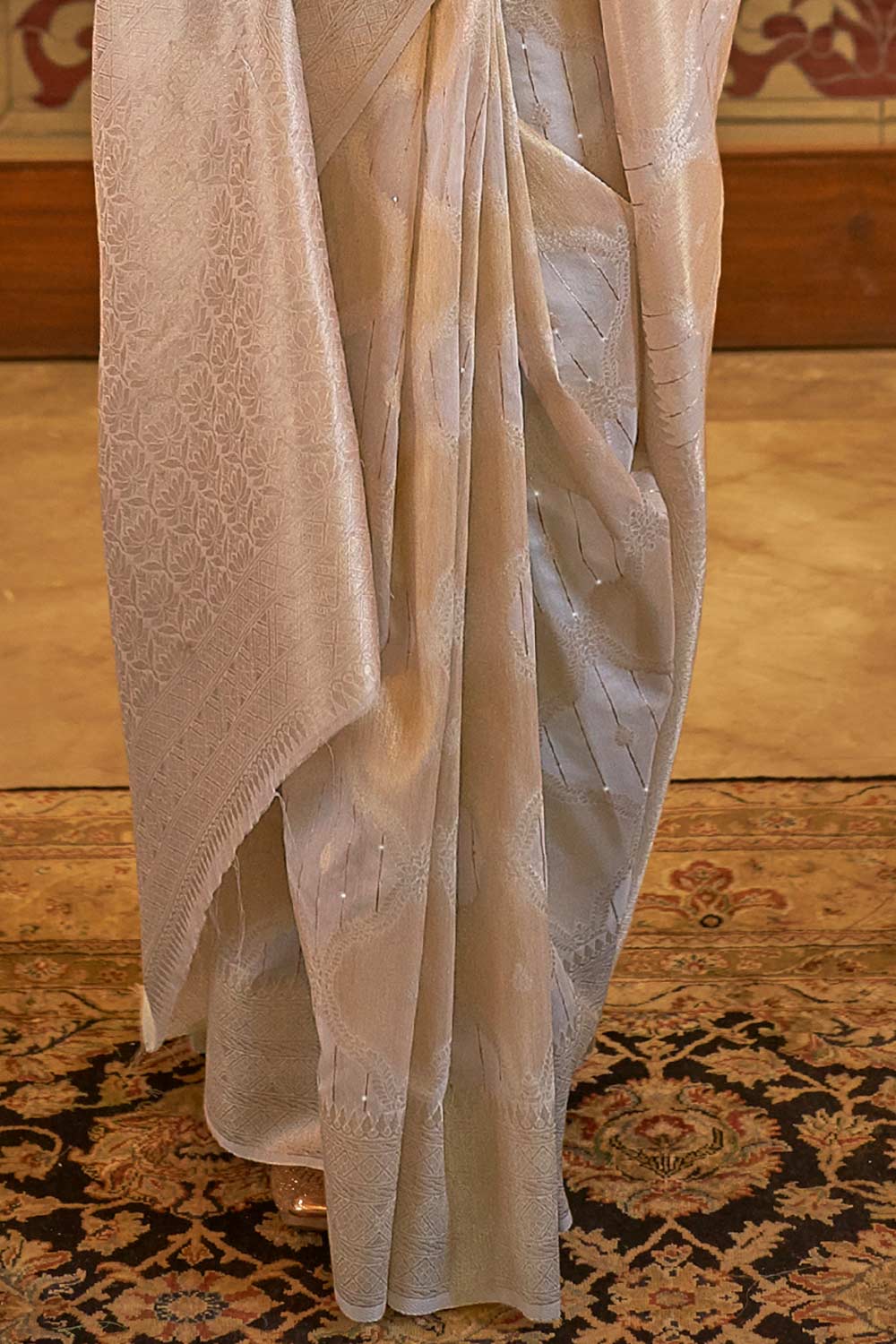 Buy Surbhi Grey Silk Blend Ethnic Motif Embroidered Banarasi One Minute Saree Online