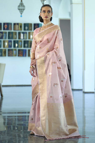 Buy Sadie Pink Silk Blend Banarasi One Minute Saree Online - One Minute Saree