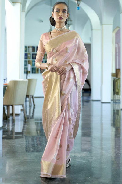 Shop Sadie Pink Silk Blend Banarasi One Minute Saree at best offer at our  Store - One Minute Saree