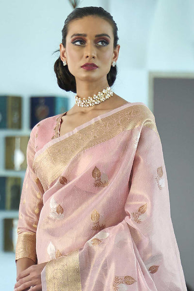 Buy Sadie Pink Silk Blend Banarasi One Minute Saree Online