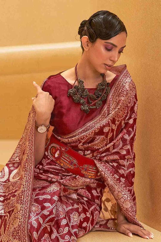 Shop Mandira Burgundy Art Silk Floral Muga One Minute Saree at best offer at our  Store - One Minute Saree