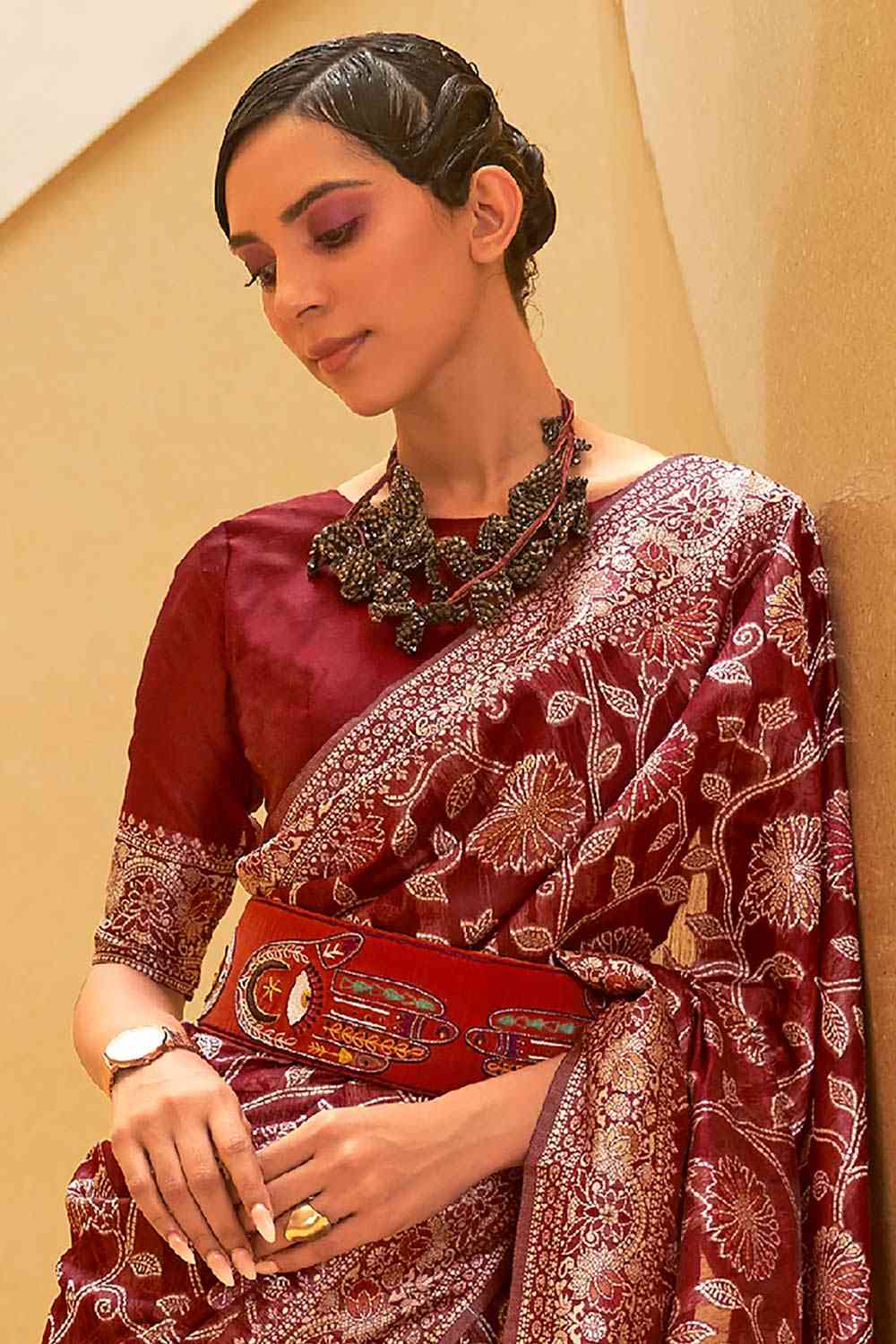 Buy Mandira Burgundy Art Silk Floral Muga One Minute Saree Online