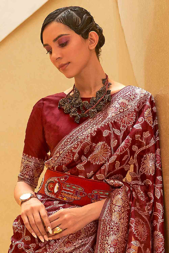 Buy Mandira Burgundy Art Silk Floral Muga One Minute Saree Online