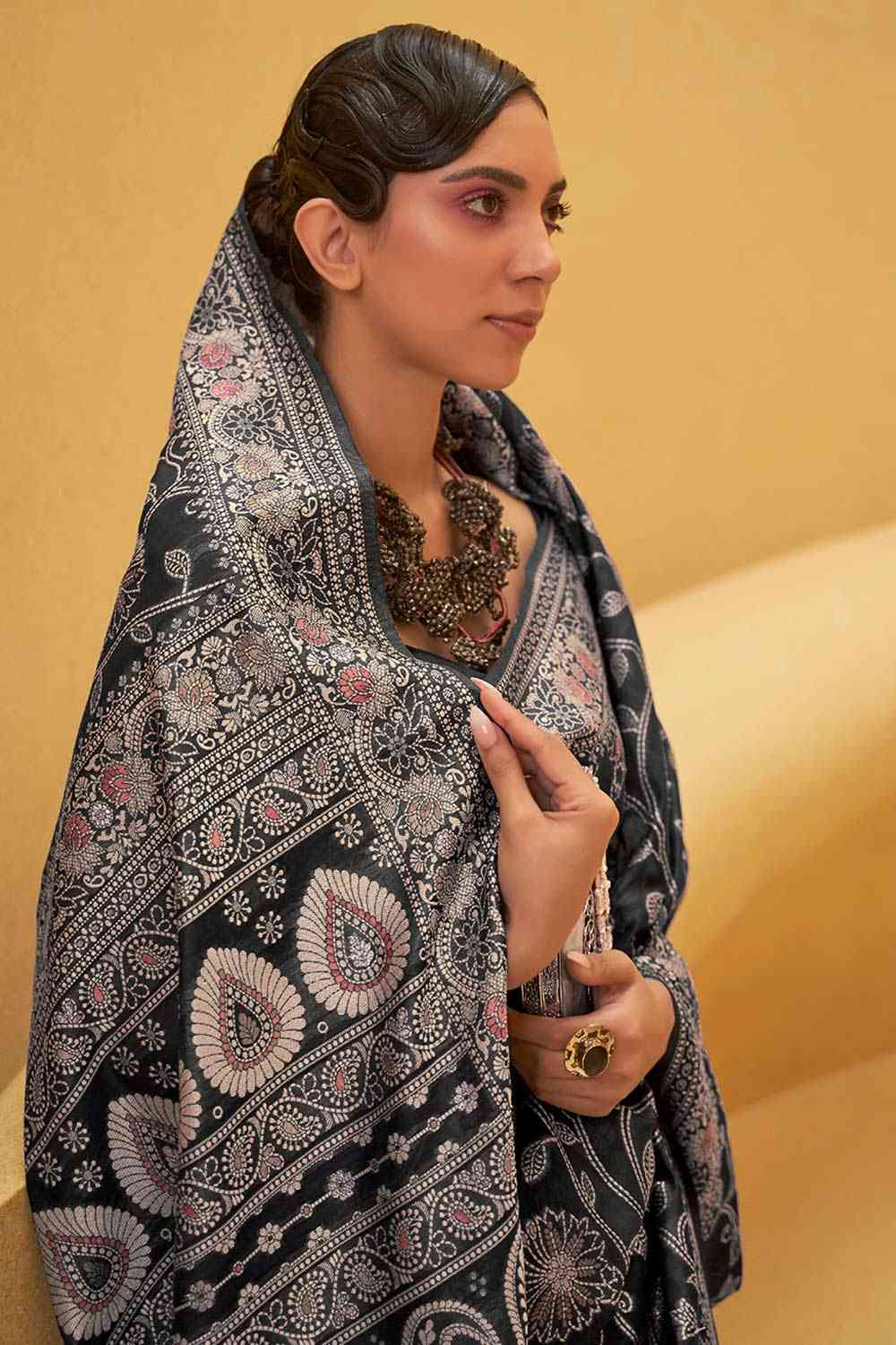 Buy Asha Charcoal Grey Art Silk Floral Muga One Minute Saree Online - One Minute Saree