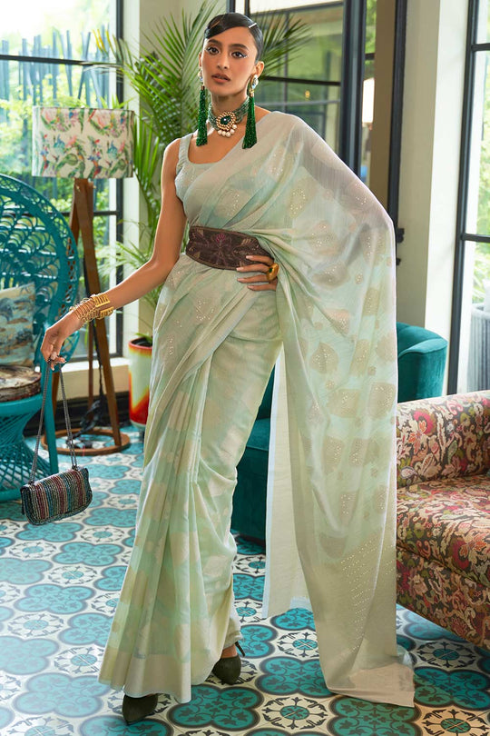 Buy Nuri Green Silk Blend Bagh Chikankari Muga One Minute Saree Online - One Minute Saree