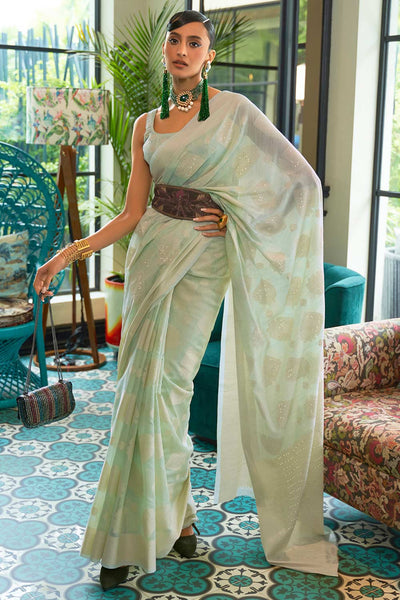 Buy Nuri Green Silk Blend Bagh Chikankari Muga One Minute Saree Online - One Minute Saree