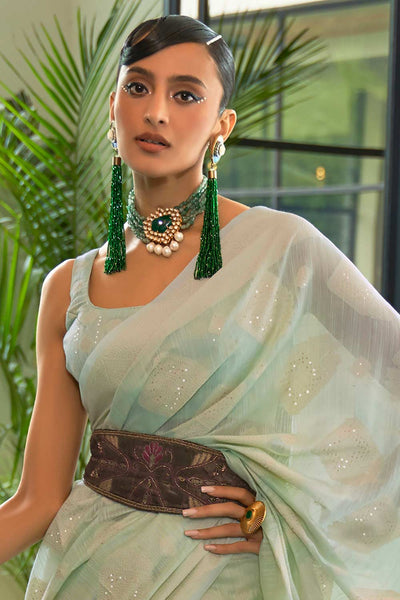 Buy Nuri Green Silk Blend Bagh Chikankari Muga One Minute Saree Online