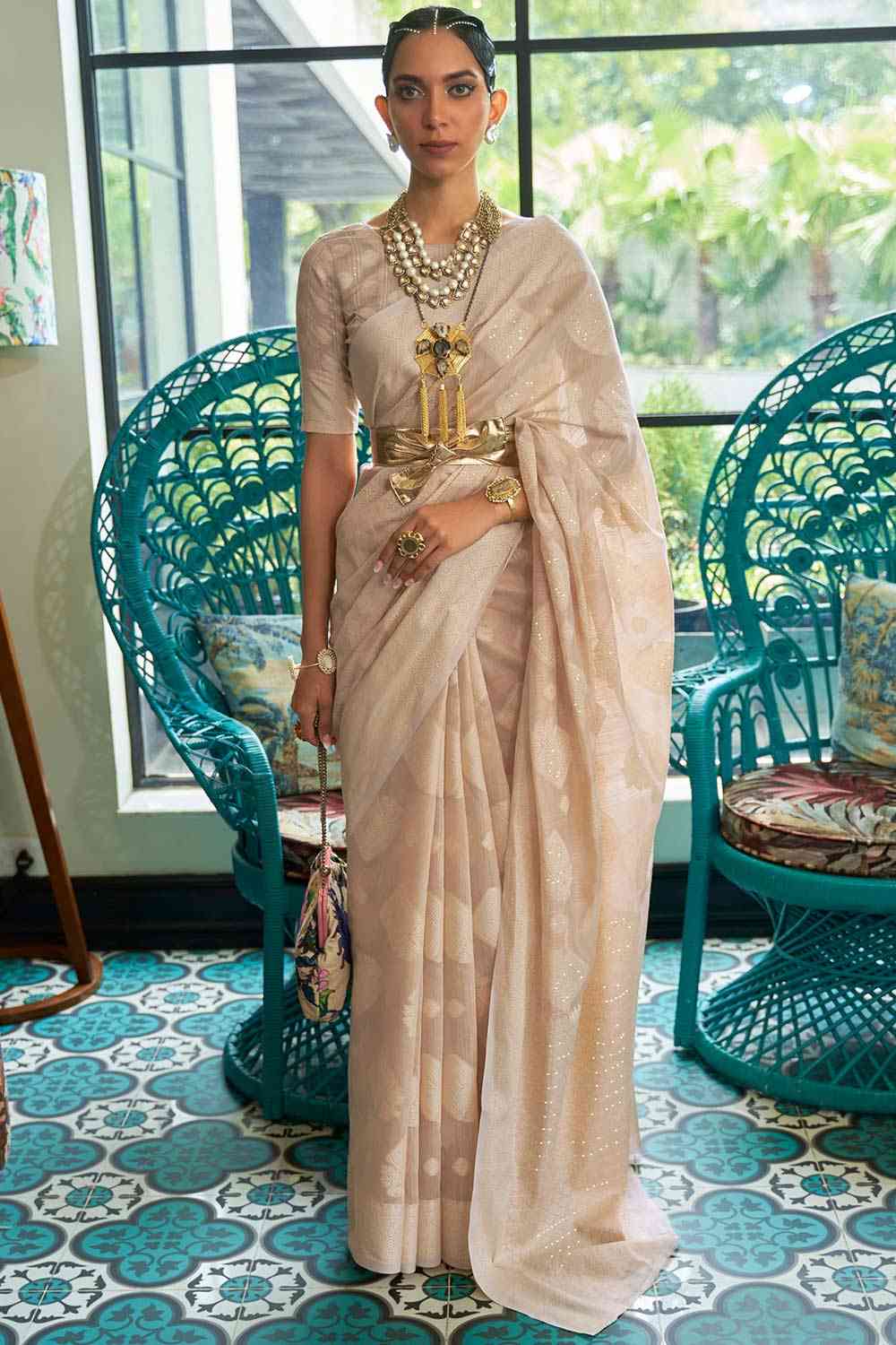 Buy Bhumi Beige Silk Blend Bagh Chikankari Muga One Minute Saree Online - One Minute Saree