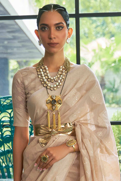 Buy Bhumi Beige Silk Blend Bagh Chikankari Muga One Minute Saree Online