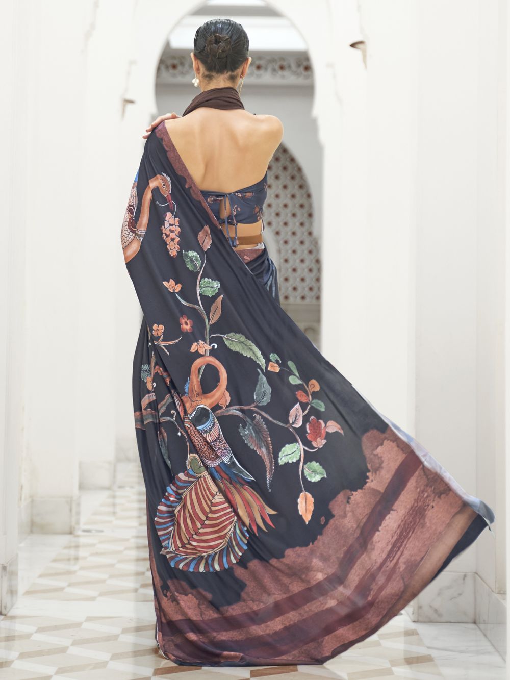 Shop Zufia Black Crepe Pochampally Kalamkari One Minute Saree at best offer at our  Store - One Minute Saree