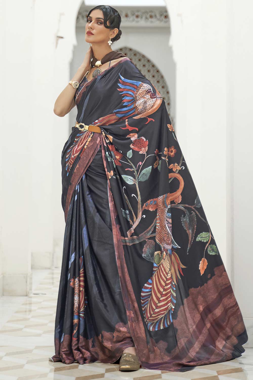 Buy Zufia Black Crepe Pochampally Kalamkari One Minute Saree Online - One Minute Saree