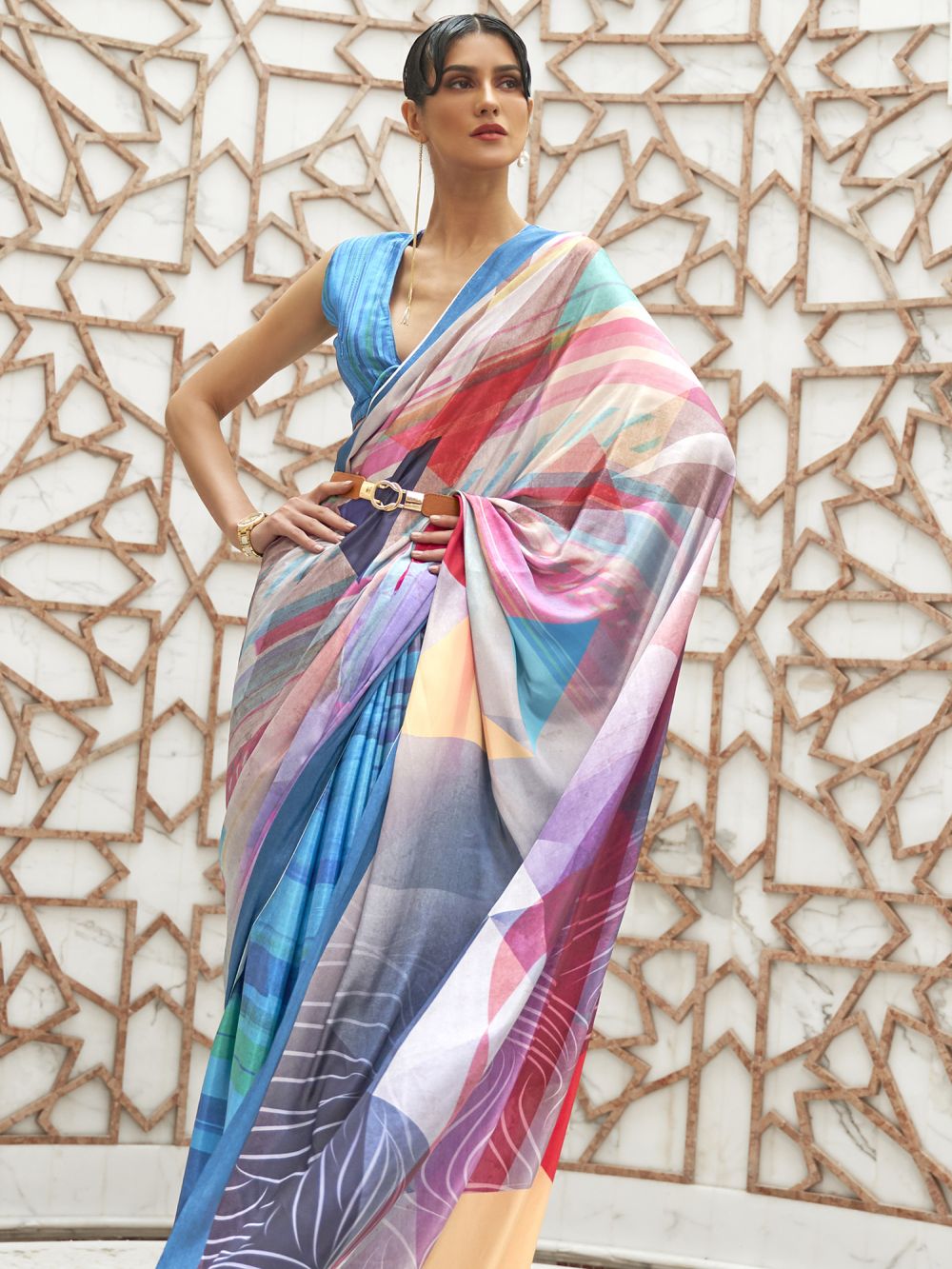 Shop Netra Blue Crepe Party Wear Abstract One Minute Saree at best offer at our  Store - One Minute Saree