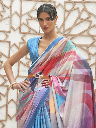 Buy Netra Blue Crepe Party Wear Abstract One Minute Saree Online