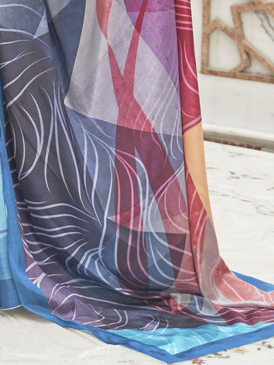 Buy Netra Blue Crepe Party Wear Abstract One Minute Saree Online - Back