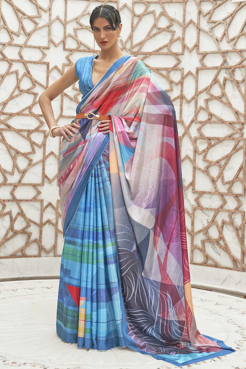 Buy Netra Blue Crepe Party Wear Abstract One Minute Saree Online - One Minute Saree