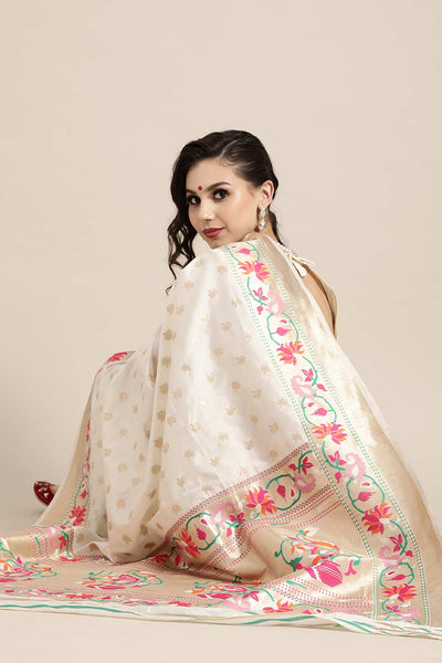 Shop Diya Off White Silk Blend Floral Woven Banarasi One Minute Saree at best offer at our  Store - One Minute Saree