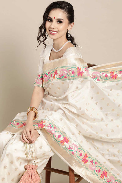 Buy Diya Off White Silk Blend Floral Woven Banarasi One Minute Saree Online