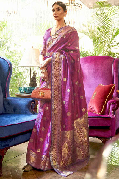 Buy Salena Magenta Silk Blend Floral Banarasi One Minute Saree Online - One Minute Saree