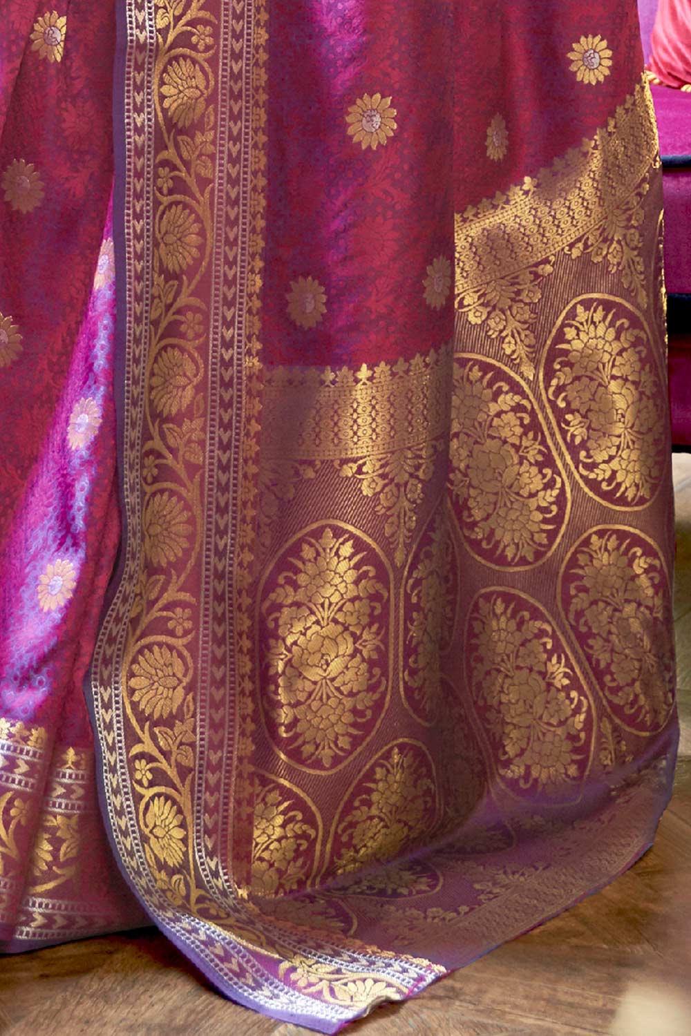 Buy Salena Magenta Silk Blend Floral Banarasi One Minute Saree Online