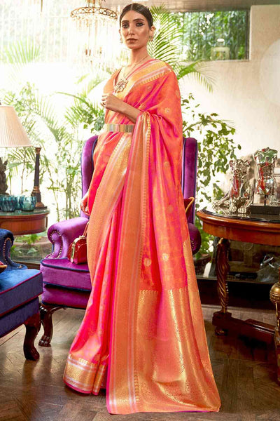 Buy Gaya Peach Silk Blend Banarasi One Minute Saree Online - One Minute Saree