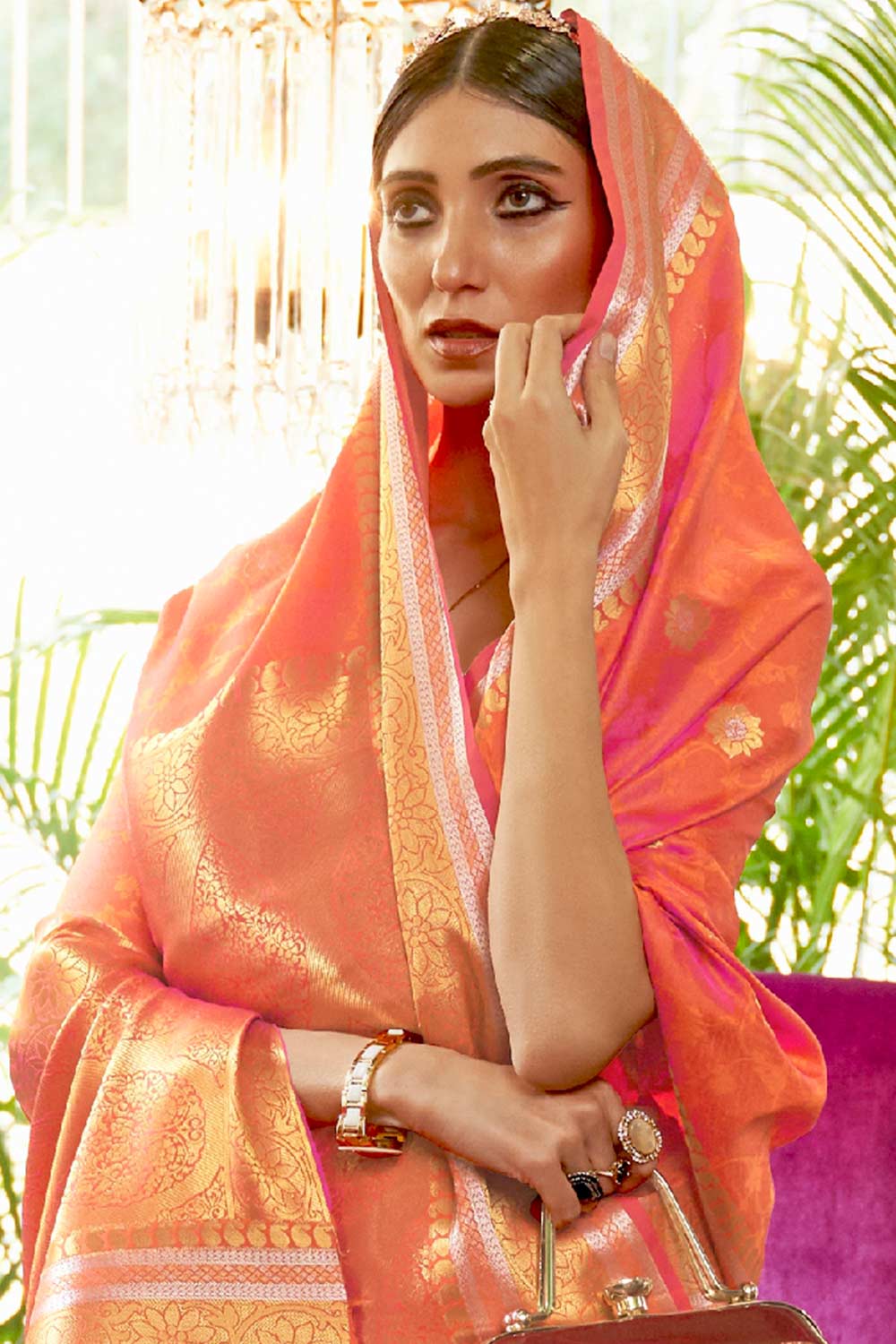 Shop Gaya Peach Silk Blend Banarasi One Minute Saree at best offer at our  Store - One Minute Saree