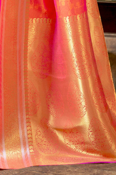 Buy Gaya Peach Silk Blend Banarasi One Minute Saree Online