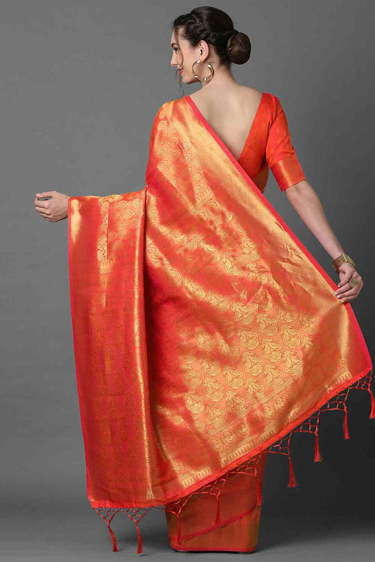Shop Blessy Orange Woven Kanjivaram Art Silk One Minute Saree at best offer at our  Store - One Minute Saree