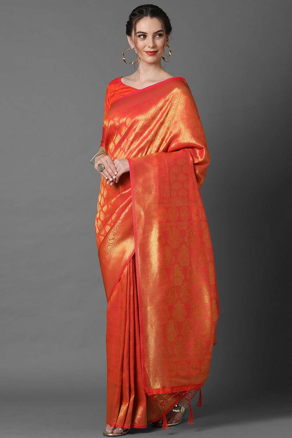 Buy Blessy Orange Woven Kanjivaram Art Silk One Minute Saree Online
