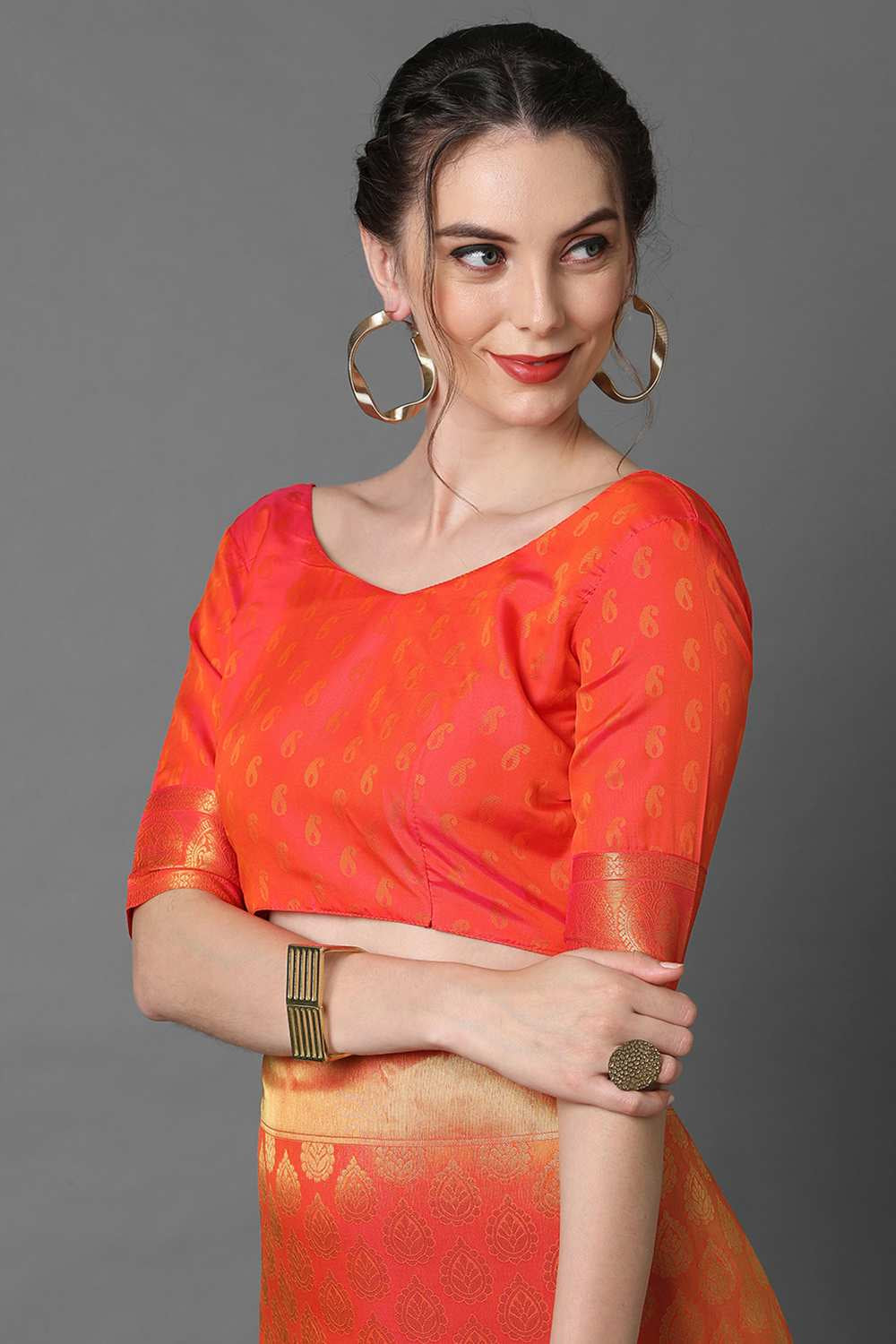 Buy Blessy Orange Woven Kanjivaram Art Silk One Minute Saree Online - Back