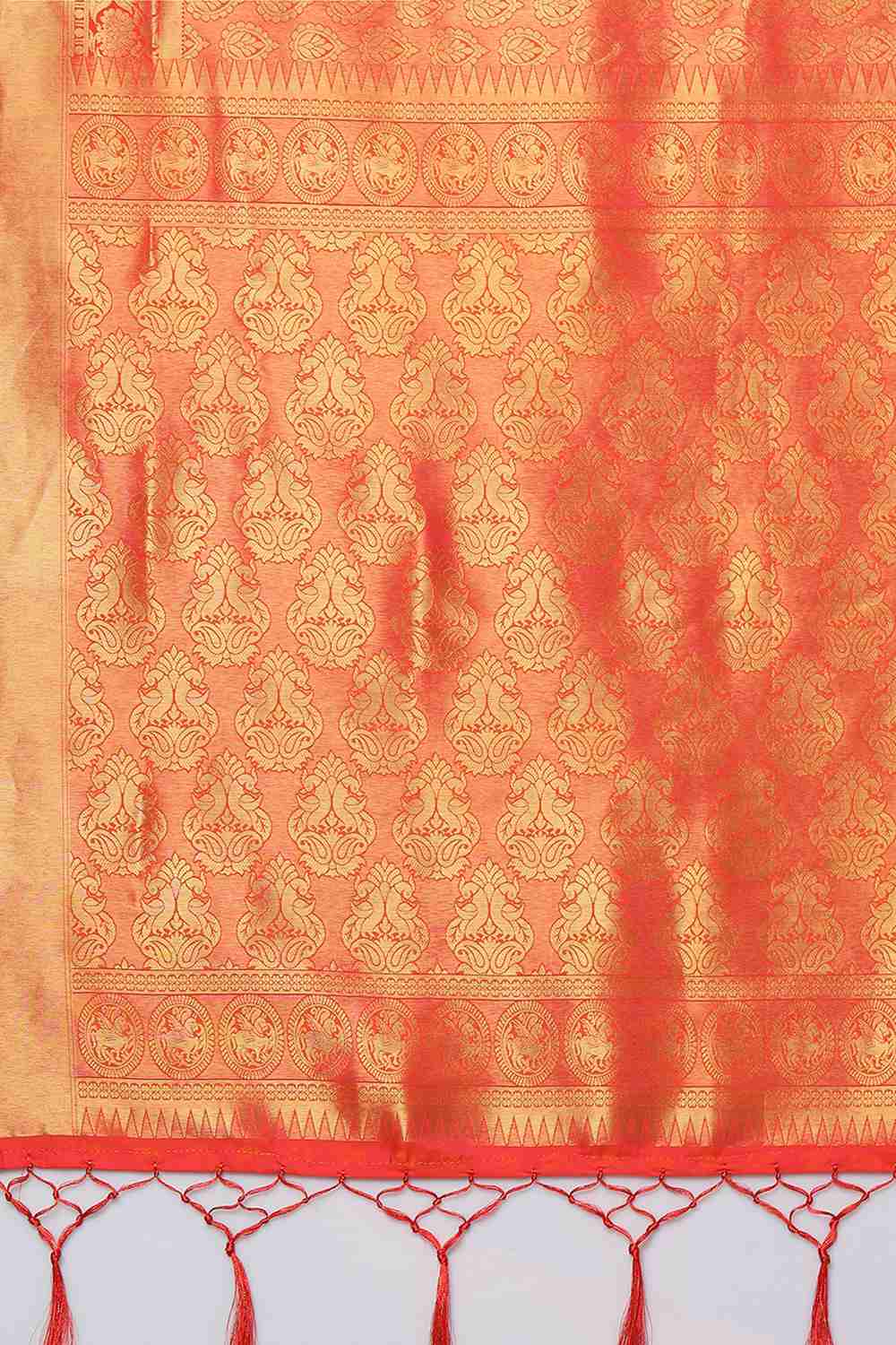 Buy Blessy Orange Woven Kanjivaram Art Silk One Minute Saree Online - Front