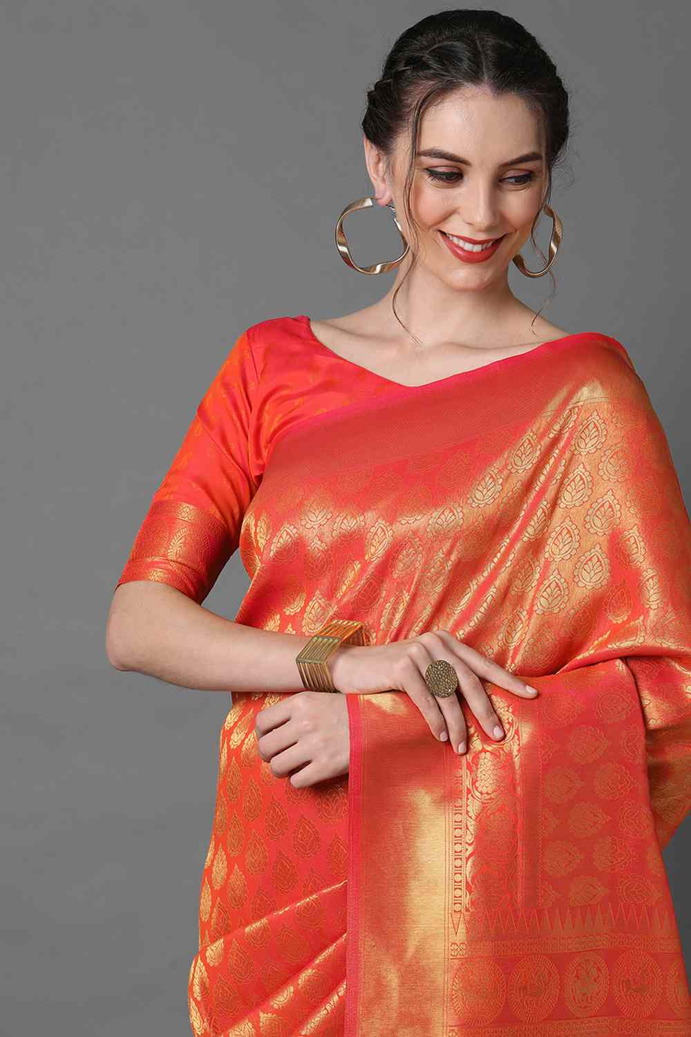 Buy Blessy Orange Woven Kanjivaram Art Silk One Minute Saree Online - Side