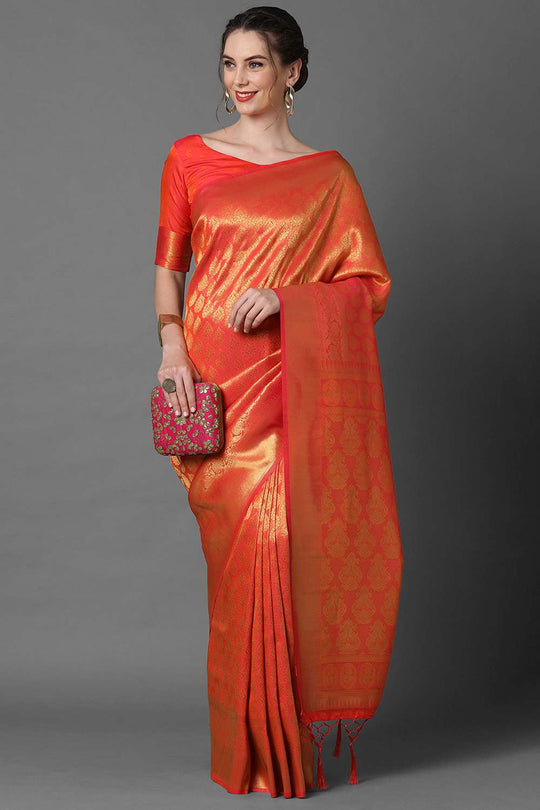 Buy Blessy Orange Woven Kanjivaram Art Silk One Minute Saree Online - One Minute Saree