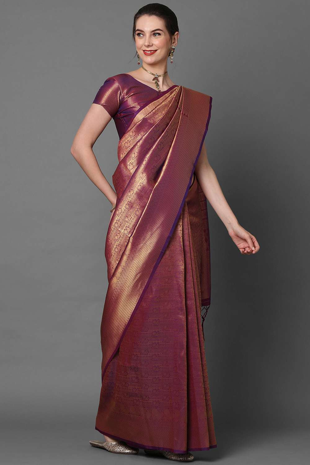 Buy Purvi Burgundy Woven Kanjivaram Art Silk One Minute Saree Online