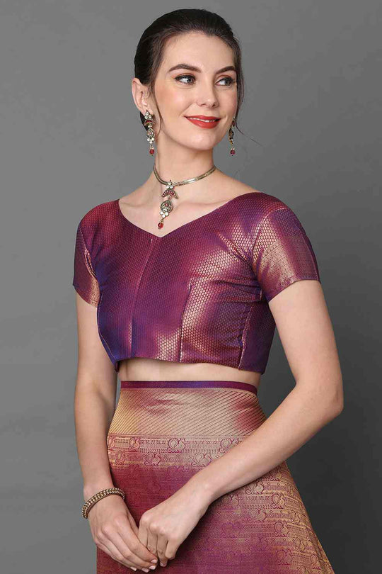 Buy Purvi Burgundy Woven Kanjivaram Art Silk One Minute Saree Online - Back