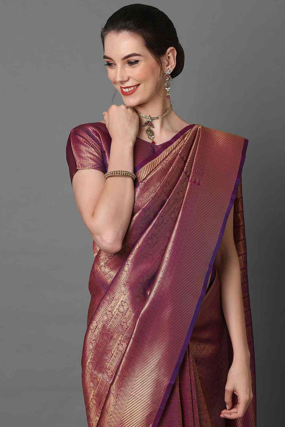 Buy Purvi Burgundy Woven Kanjivaram Art Silk One Minute Saree Online - Side