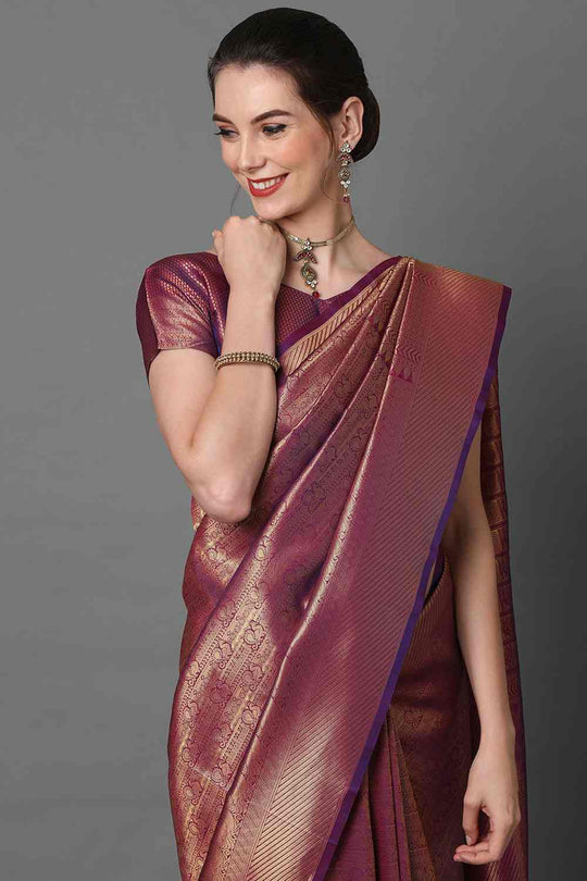 Buy Purvi Burgundy Woven Kanjivaram Art Silk One Minute Saree Online - Side
