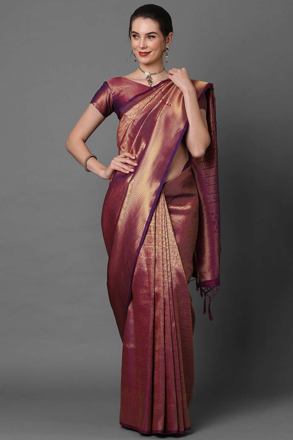 Buy Purvi Burgundy Woven Kanjivaram Art Silk One Minute Saree Online - One Minute Saree