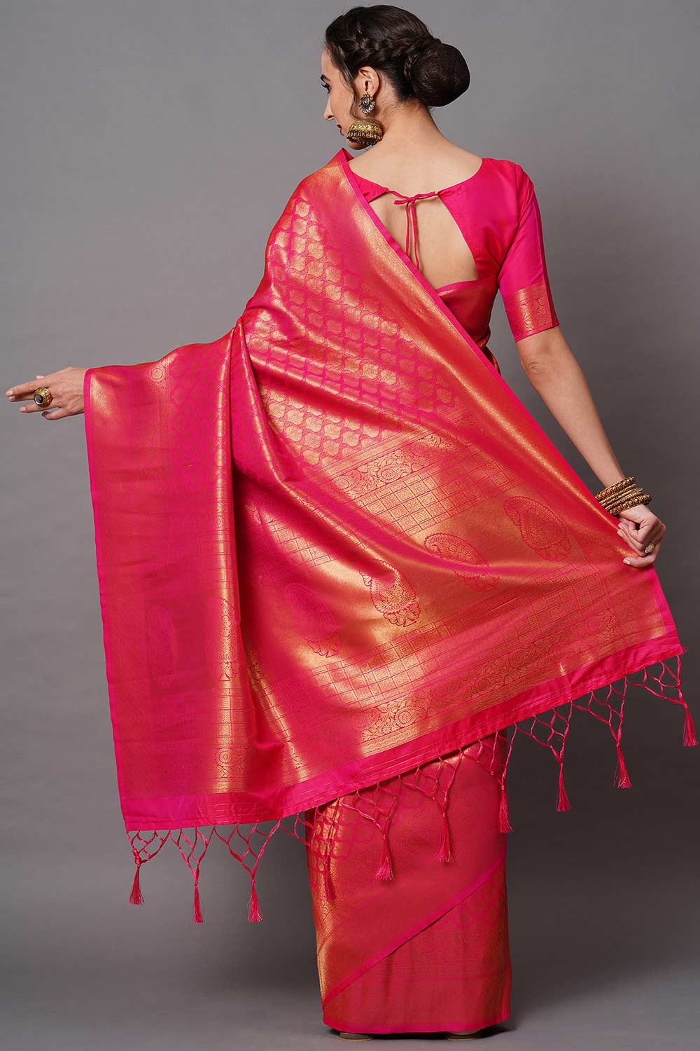 Shop Meena Pink Zari Woven Blended Silk One Minute Saree at best offer at our  Store - One Minute Saree