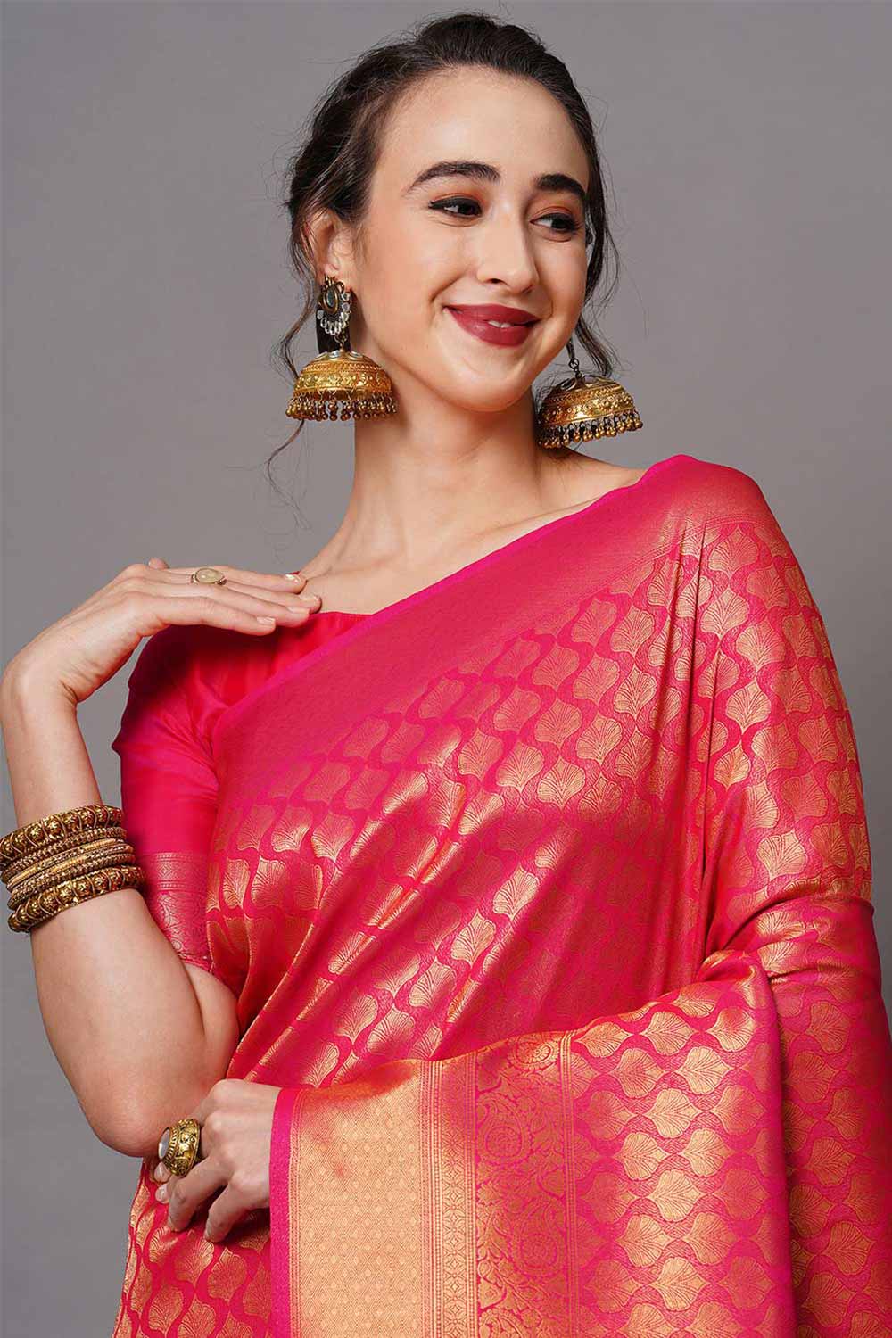 Buy Meena Pink Zari Woven Blended Silk One Minute Saree Online