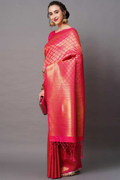 Buy Meena Pink Zari Woven Blended Silk One Minute Saree Online - Back