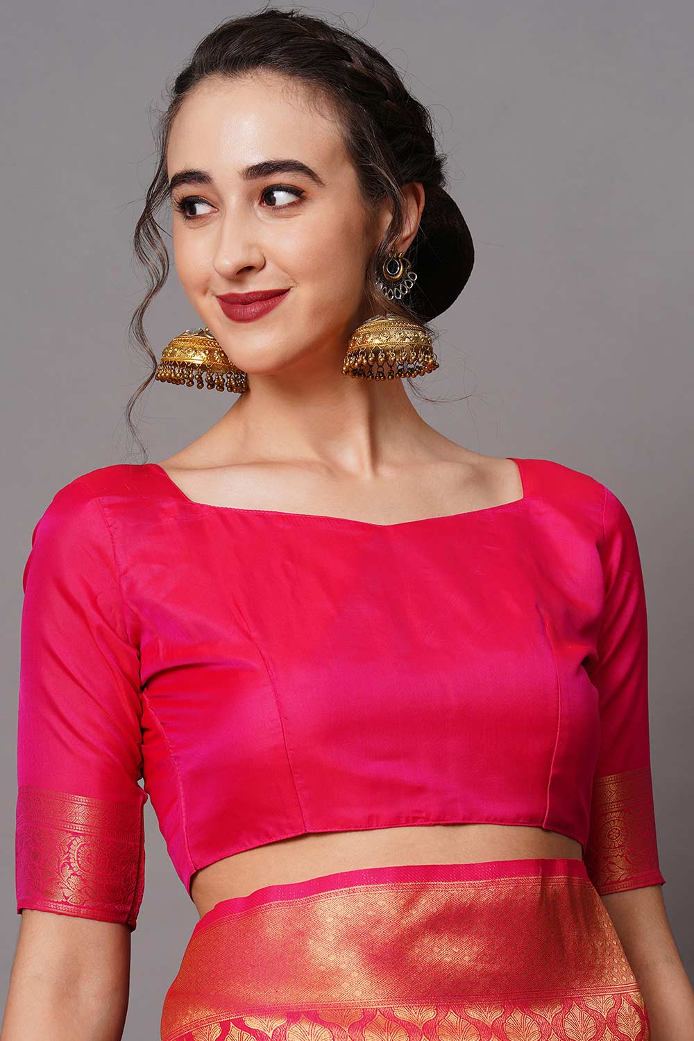 Buy Meena Pink Zari Woven Blended Silk One Minute Saree Online - Side