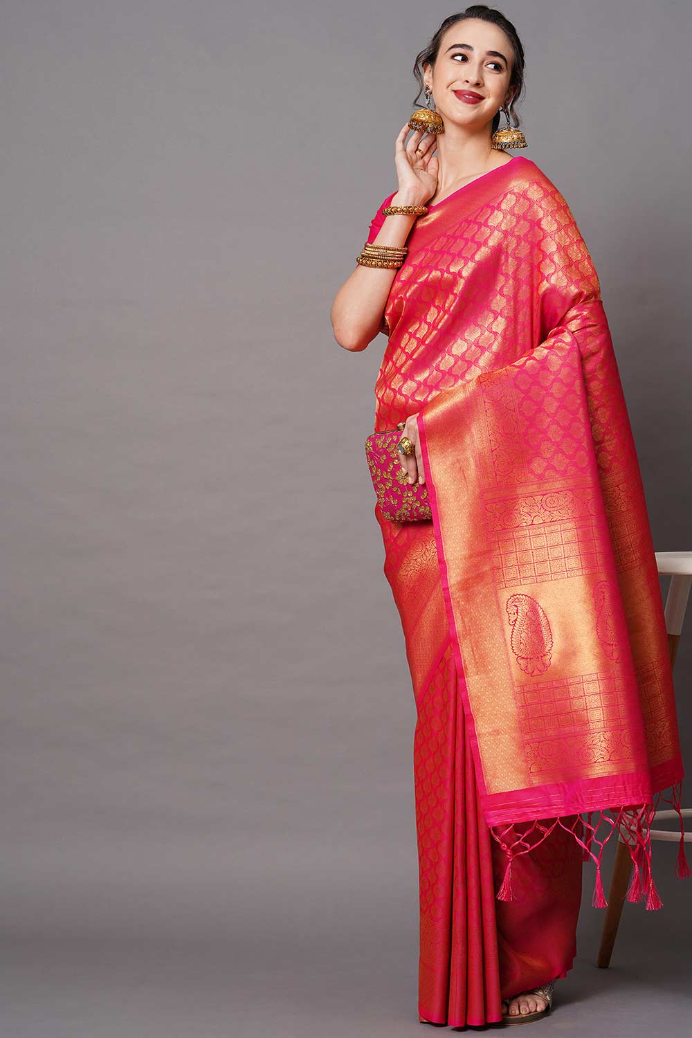 Buy Meena Pink Zari Woven Blended Silk One Minute Saree Online - One Minute Saree